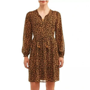 Time and Tru Dress Womens Plus Size XXL 20 Leopard Print Long Sleeve Peasant NEW